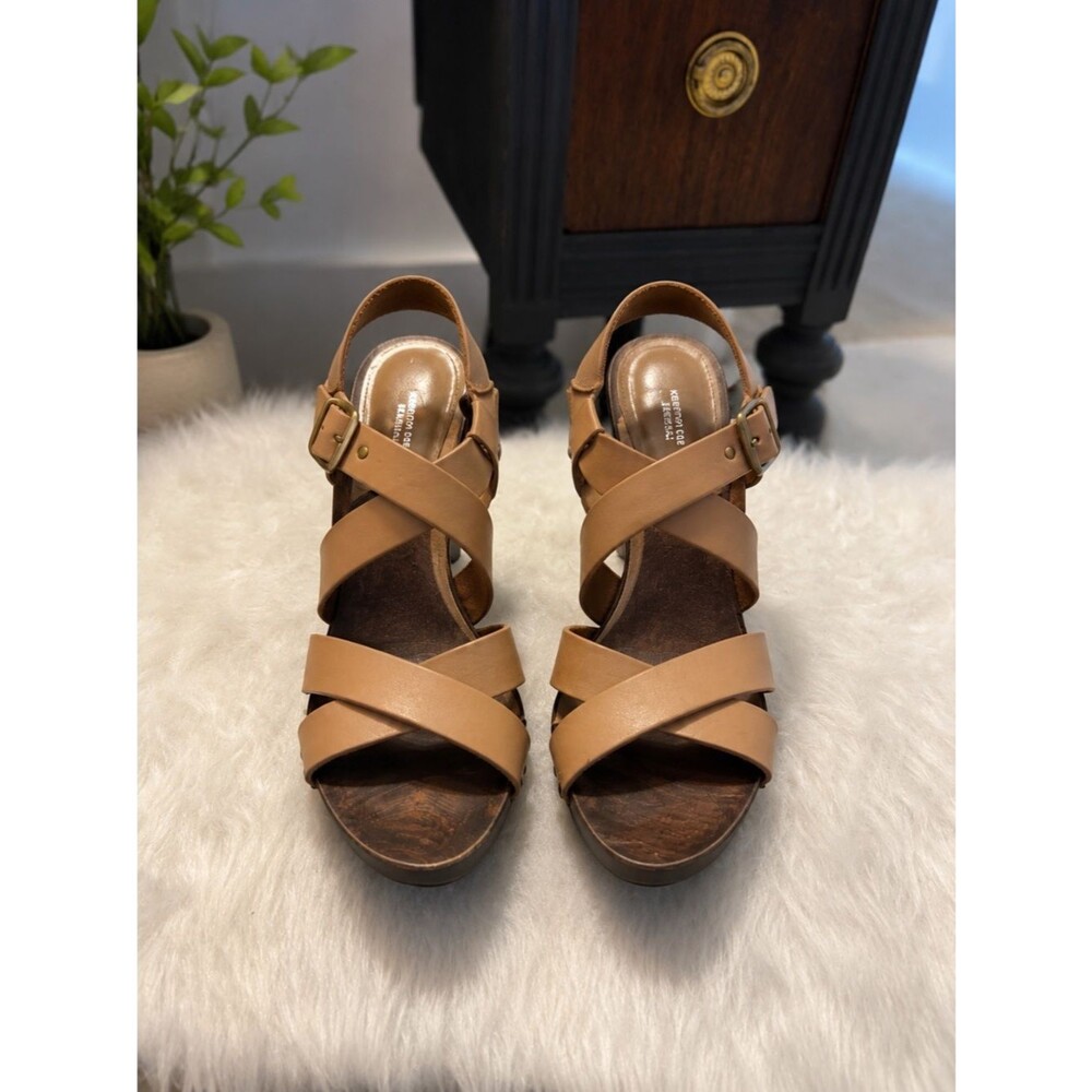 Comptoir Des Cotonniers Tan Leather Crisscross Wedge Sandals size 37